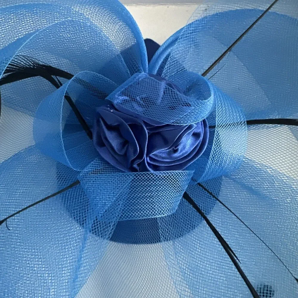 Blue Fascinator Black Feathers Mesh Netting Wedding Races - Picture 2 of 10